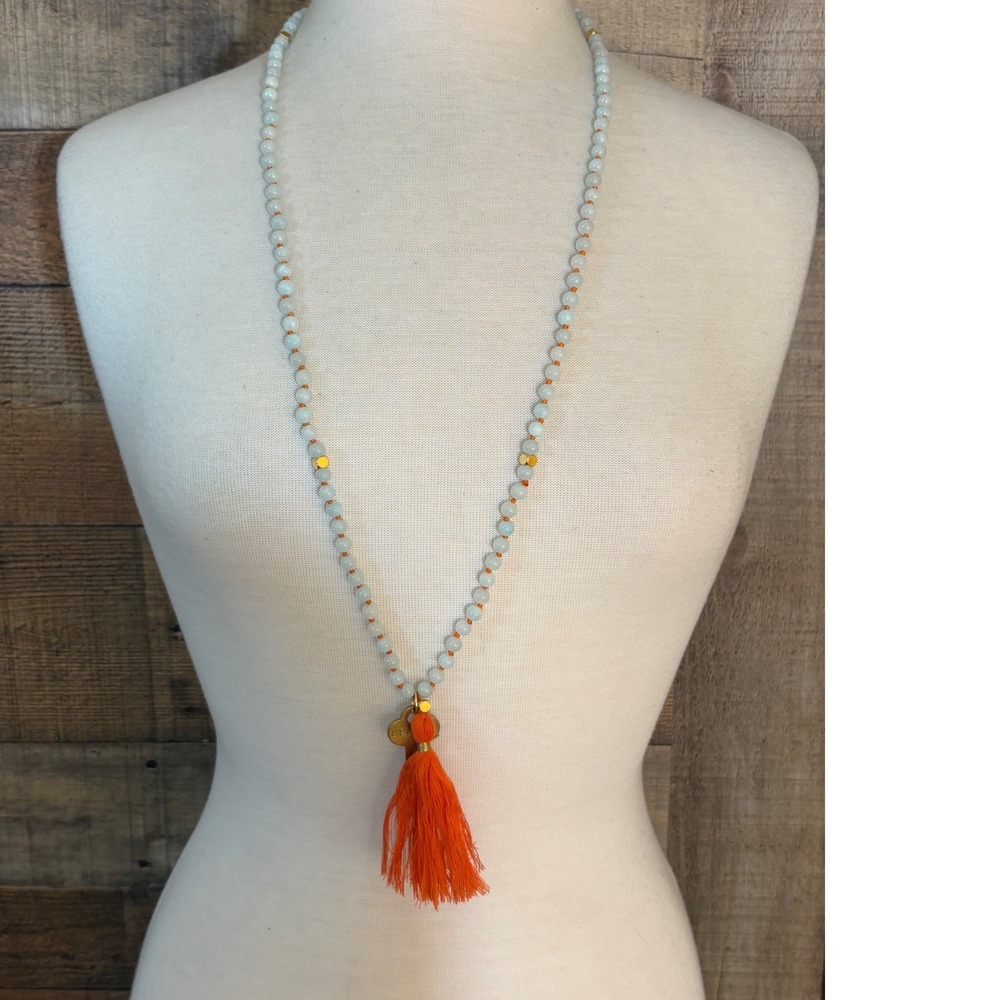 The Giving Keys Believe Engraved Key Tassel Mala Bead Necklace Blue Orange